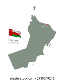 Silhouette of Oman country map. Highly detailed editable map of Oman with national flag and Muscat capital, Western Asia country territory borders vector illustration on white background