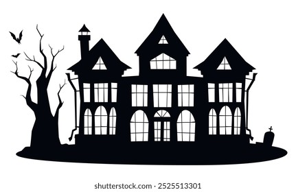 The silhouette of an ominous haunted house surrounded by tombstones, standing on the outskirts, with bats flying around, giving the scene an eerie and magical atmosphere.