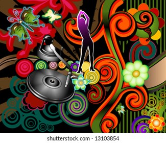 silhouette on floral grunge background with turntable