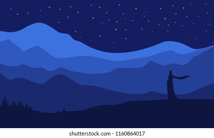 Silhouette on landscape background, beautiful view, nature panorama, night stars sky, mountains forest and hills. Vector illustration.