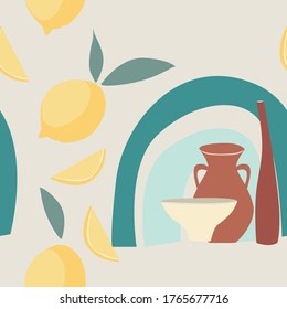 Silhouette on retro summer background. Seamless pattern. Abstract paper cut elements, lemons, pottery, abstract shapes.