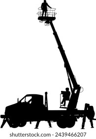 Silhouette on a white background of aerial platform or crane on a vehicle.