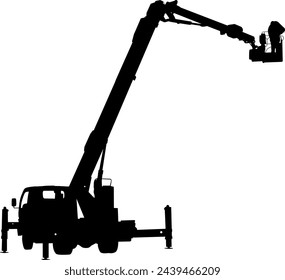 Silhouette on a white background of aerial platform or crane on a vehicle.