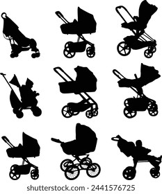 Silhouette on a white background of a baby stroller.