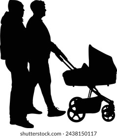 Silhouette on a white background of a parents and children on a walk.