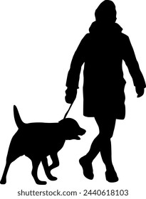 Silhouette on a white background of a people with a dog for a walk.