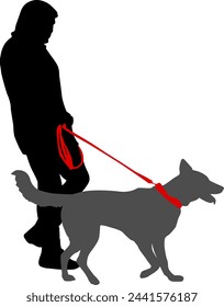 Silhouette on a white background of a people with a dog for a walk.