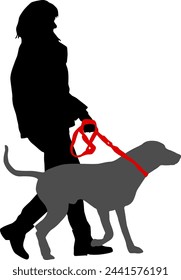 Silhouette on a white background of a people with a dog for a walk.