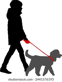 Silhouette on a white background of a people with a dog for a walk.