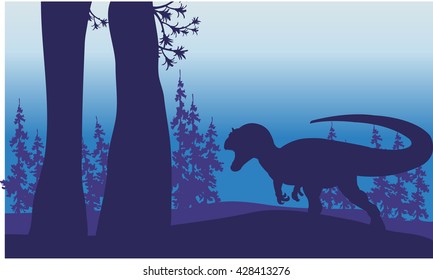 Silhouette of one allosaurus in forest with purple backgrounds