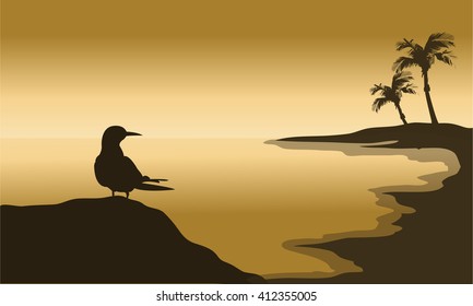 Silhouette of one bird in beach at the sunset