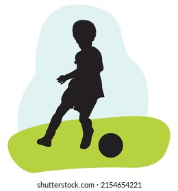 Silhouette One boy is a striker in football. Boy team attacking. Kid swinging leg to kick ball. Junior football players. Flat vector children character illustration