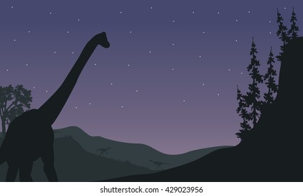 Silhouette of one Brachiosaurus at night with star
