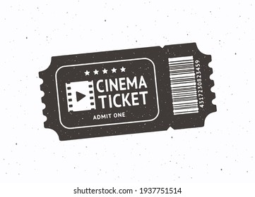 Silhouette of one cinema ticket with barcode. Vector illustration. Paper retro coupon for movie entry. Film industry symbol. Pattern for signboards, showcases, posters. Isolated white background