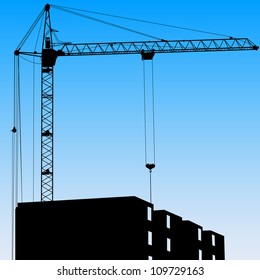 Silhouette of one cranes working on the building on a blue background