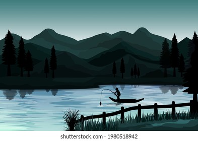 silhouette un hombre pescando en el diseño del vector del lago