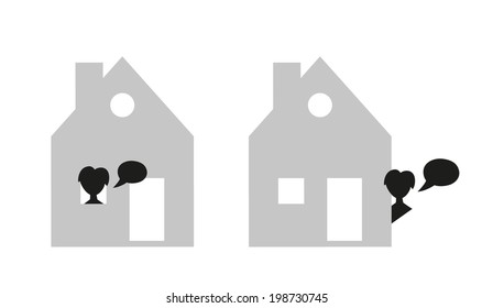 silhouette of one man with speak bubble and house