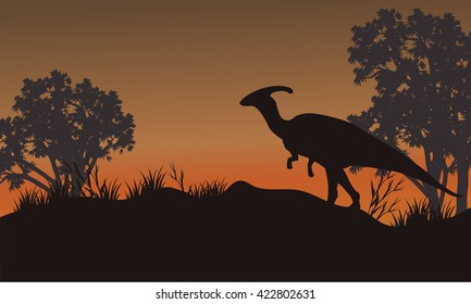 Silhouette of one parasaurolophus in hills beautiful scenery