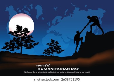 Silhouette of one person helping another climb at sunset, symbolizing unity, support, and humanitarian values for World Humanitarian Day, Silhouette of helping hand for World Humanitarian Day.

