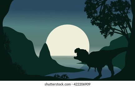 Silhouette of one tyrannosaurus and moon in the riverbank