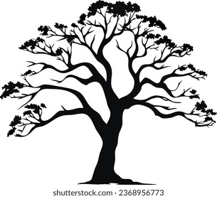 Silhouette de un amplio y macizo roble antiguo sin hojas ilustración aislada, roble majestuoso negro sin follaje con tronco grueso y corona grande