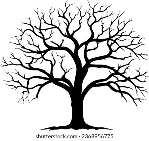 Silhouette eines großen, großen alten Eichenbaums ohne Blätter einzelne Illustration, schwarze, majestätische Eiche ohne Blätter mit grobem Stamm und großer Krone