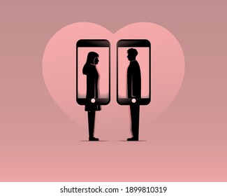 Silhouette of online dating or long distance relationship concept. Couples in love. Loving couple on screens of mobile phones. Illustration vector