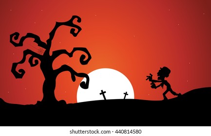 Silhouette oof Halloween zombie dry tree with moon backgrounds