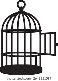 Silhueta de uma gaiola de passarinho aberta representando a liberdade e a partida oferecendo espaço para várias interpretações metafóricas da liberdade