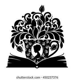 Silhouette open book and cup of tea with ornamental decorative steam aroma and woman profile. Black and white vector illustration