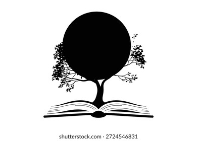 Silhueta de um livro aberto com uma árvore crescendo de suas páginas Palavras-chave livro, árvore, livro aberto