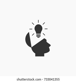 Silhouette Of Open Head And Shining Bulb. Open Brain Shower Pictogram. Idea Icon. Open Mind. Isolated On White. Vector Illustration. Black And White .