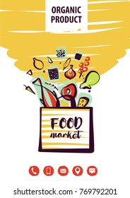 Silhouette open package with meal ingredient. Concept image, banner, poster, flyer for shop, market, store, boutique with eco farm product. Template logo. Food farm goods. 