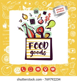 Silhouette open package with meal ingredient. Template logo. Concept image, banner, poster, flyer for shop, market, store, boutique with eco farm product. Food farm goods. 