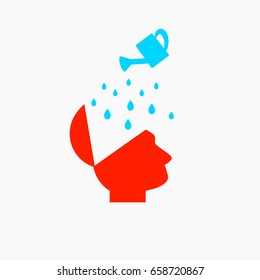 Silhouette of open red head and blue watering can with water drops. Open Brain Shower pictogram. Watering brains icon. Isolated on white. Headache icon. Vector illustration. Stress relax sign.