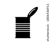 Silhouette Open tin can with lid, side view. Outline canned goods icon. Illustration of preserves, industrial ready-made food. Flat isolated vector, white background. Cylindrical grooved metal jar