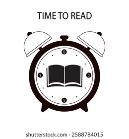 Silhouette of opened book in alarm clock. Black sign isolated on white background. Time to read, icon. Education, learning logo. Knowledge pictogram. Time management. monochrome vector illustration