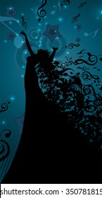 Silhouette of Opera Singer with Hair Like Musical Notes. Vector Illustration