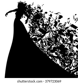 Silhouette Of Opera Singer And Musical Symbols