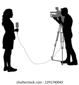Silhouette operator removes journalist with microphone on a white background