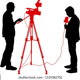 Silhouette operator removes journalist with microphone on a white background