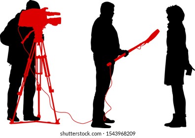 Silhouette operator removes journalist with microphone on a white background