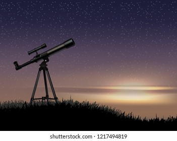 Silhouette of an optical telescope on a stand on a sunset background with a starry sky. Vector realistic llustration of astronomical instrument