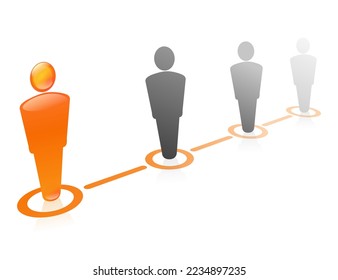Silhouette of an orange leader man in connection with silhouettes of men in black connected in a serial system