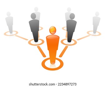 Silhouette of an orange leader man in front of silhouettes of men in black connected by a pyramid scheme between them