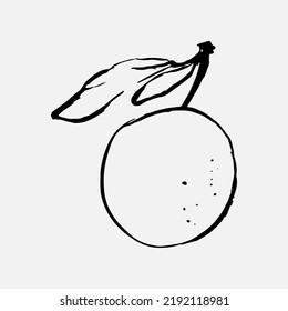 Silhouette orange one line drawing fruit. Organic simple icon. Food object in minimal graphic hand drawn style.  Vector monochrome illustration of orange logo.