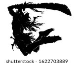 The silhouette of an Orc with a long curved sword with notches in a ragged cloak with long hair, jumping to attack in an epic pose . 2D illustration.