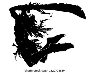 The silhouette of an Orc with a long curved sword with notches in a ragged cloak with long hair, jumping to attack in an epic pose . 2D illustration.