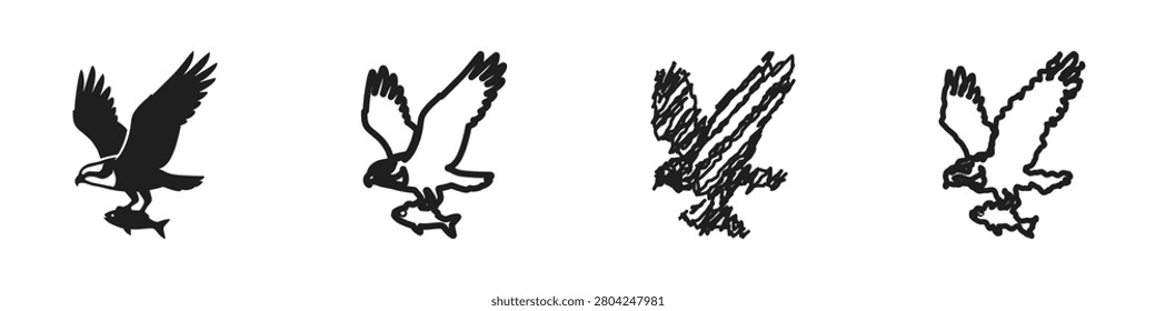 A silhouette of an osprey with wings spread wide, clutching a fish in its claws, depicted in a graphic, stylized manner
