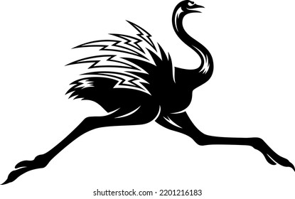 Silhouette of Ostrich Running Fast with Its Feather Shaped Like Lightning Bolt Symbol